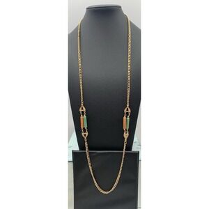 Vintage Emmons Gold Tone Necklace With Jade Green And Peach Acrylic Stations 31"